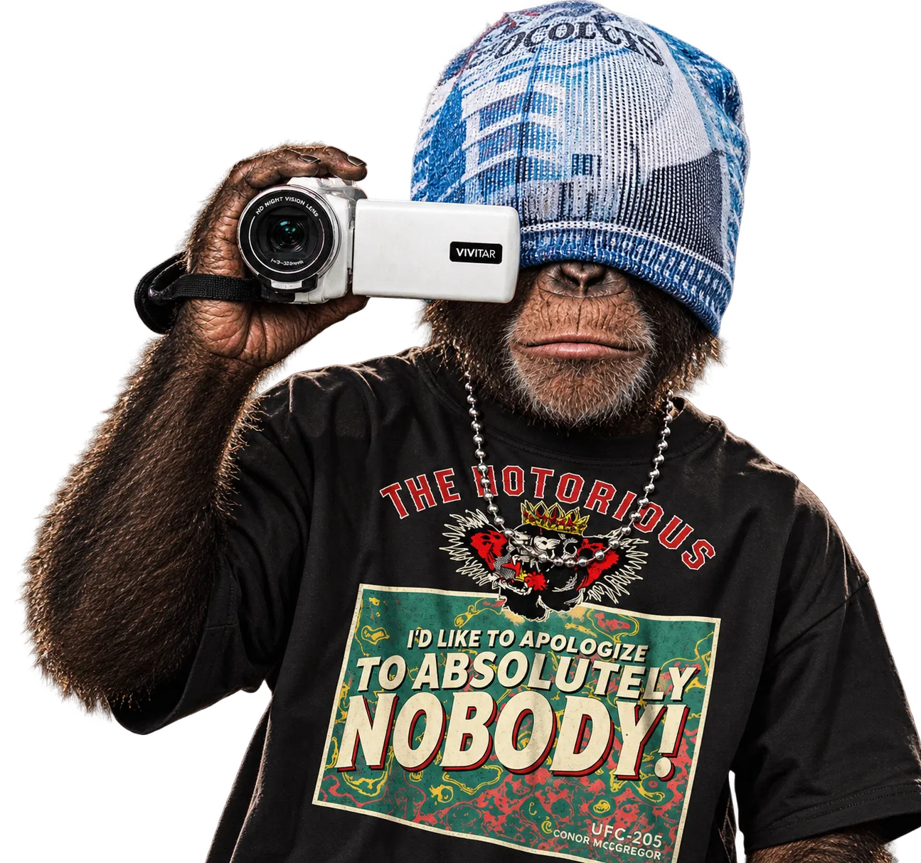 A chimp in a knit beanie filming with a camcorder, wearing the Conor: Nobody tee